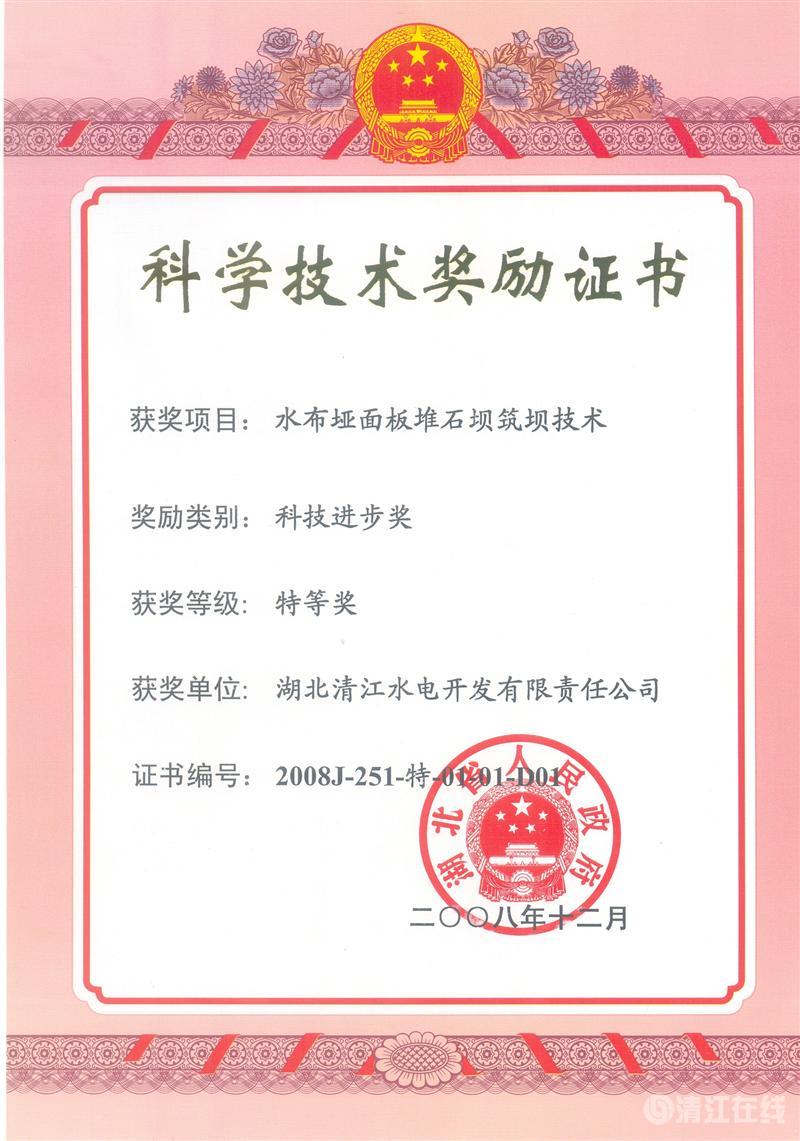 2008年12月，“水布垭面板堆石坝筑坝技术”项目获ky体育省人民政府科技进步特等奖